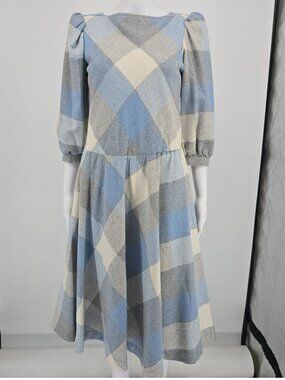 Vintage 1980s Pea Patch New York Plaid Puff Sleeve Midi Prairie Dress (S)
